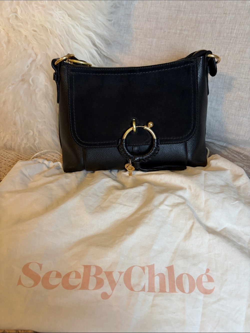 See By Chloe Black Leather Shoulder Bag with Gold Ring Detail preowned